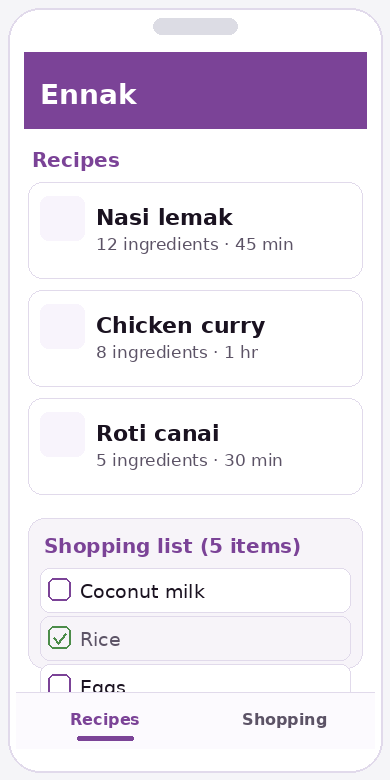 Ennak app showing a recipe list and shopping list on a phone